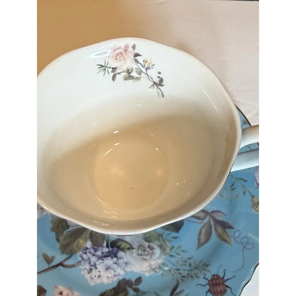 Grace Teaware Blue Floral Garden Oversized Teacup & Saucer Porcelain Gold Trim